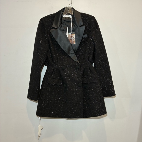 Self Portrait NWT Double Breasted V Neck Black Metallic Woven Blazer Dress Us 6 - Picture 4 of 8